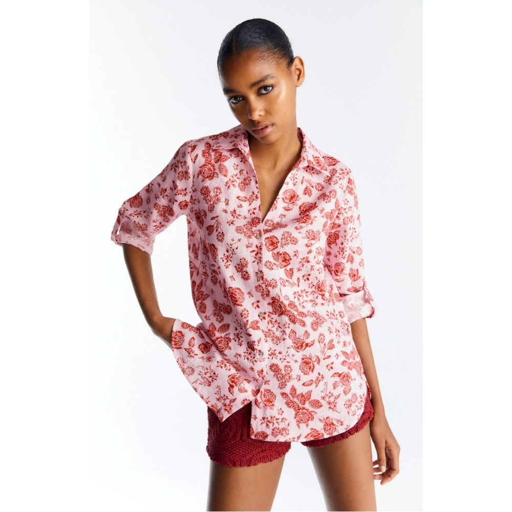 ZARA Pink & Red Hawaiian Floral Linen Shirt